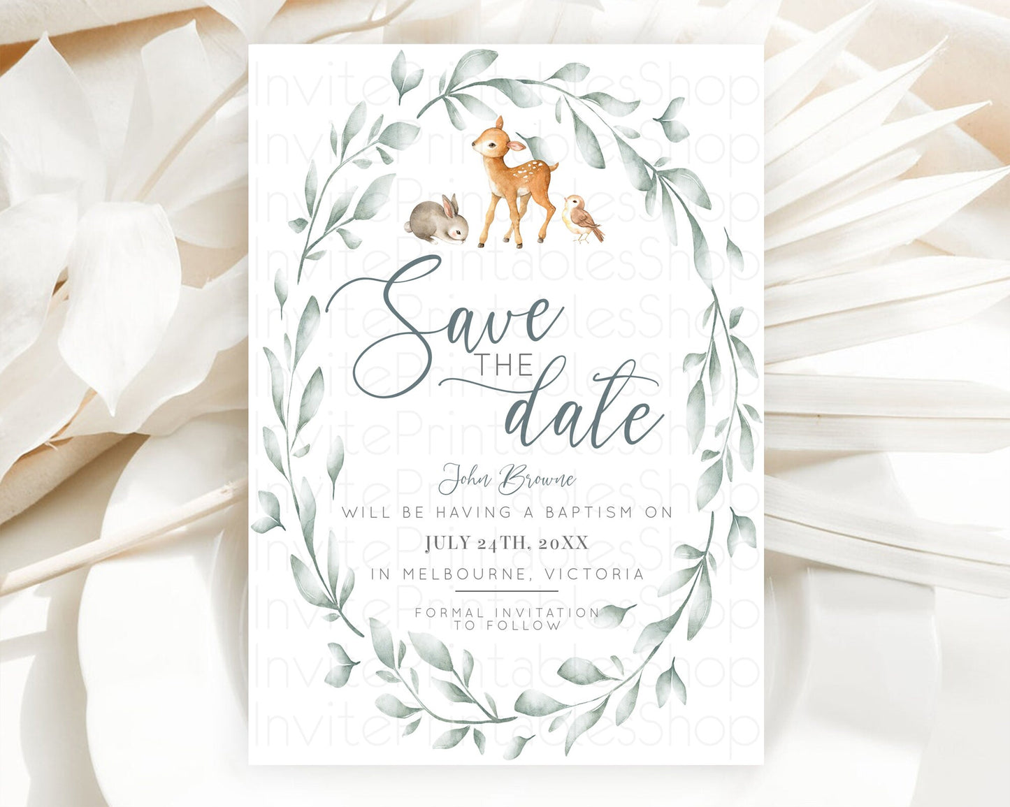 Fawn Deer Save The Date Template Pastel Floral Deer Enchanted Forest Butterfly Party 1st Birthday Baptism Baby Shower Bridal Shower D10872