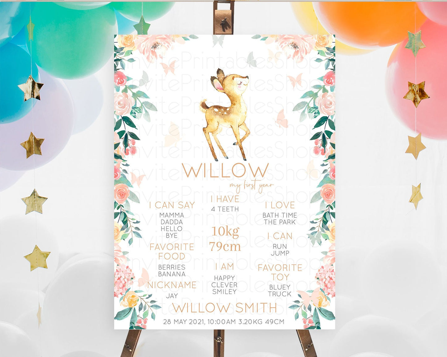 Fawn First Birthday Milestone Board Deer First Birthday Milestone Poster Enchanted Forest Butterfly Pastel Flowers 1st Birthday Sign D10753