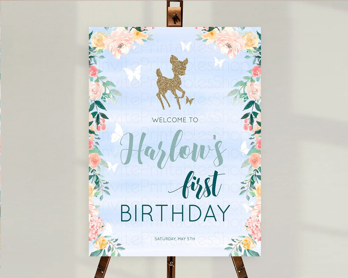 Fawn Welcome Sign Deer Welcome Board Floral Deer Welcome Poster Enchanted Forest Butterfly Pastel Floral First Birthday Welcome Sign D10875