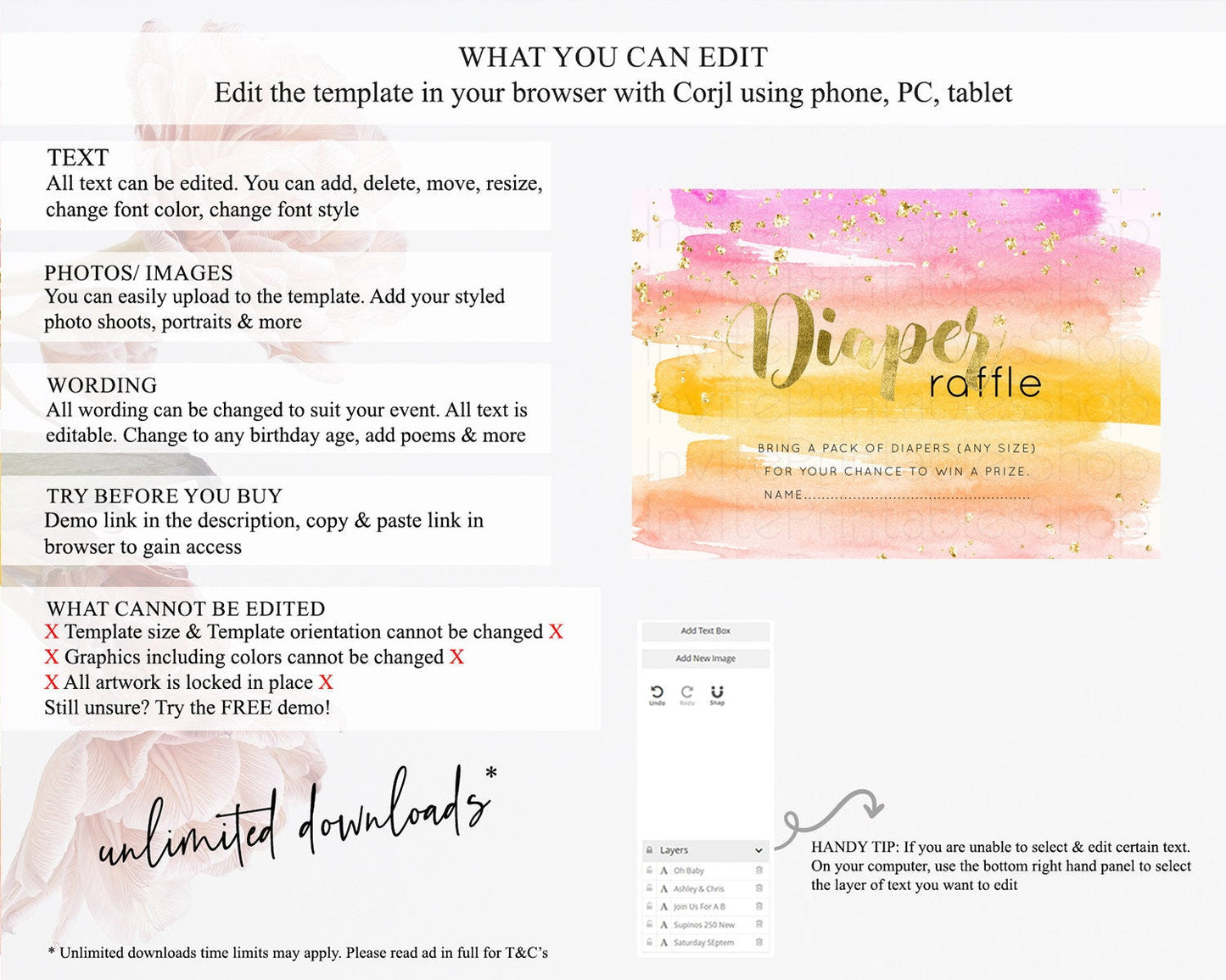 Pastel Diaper Raffle Card Pastel Rainbow Diaper Raffle Insert Colorful Ombre Watercolor Diaper Ticket Confetti Glitter Raffle Game D10520