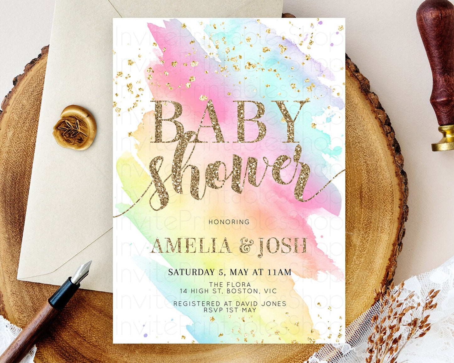 Pastel Baby Shower Invitation Rainbow Baby Shower Invitation Colorful Pastel Watercolor Invitation Gold Glitter Sprinkles Ombre D10495