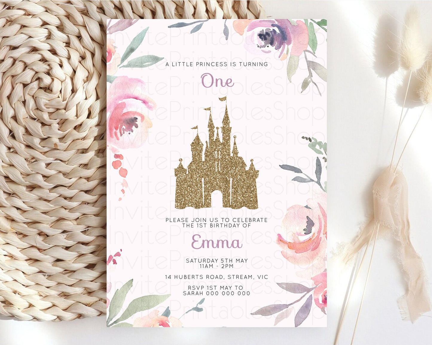 Princess Birthday Invitation Castle Invitation Royal Birthday Fairy Tale Enchanted Castle Pastel Floral Garden 1st First Birthday D10195