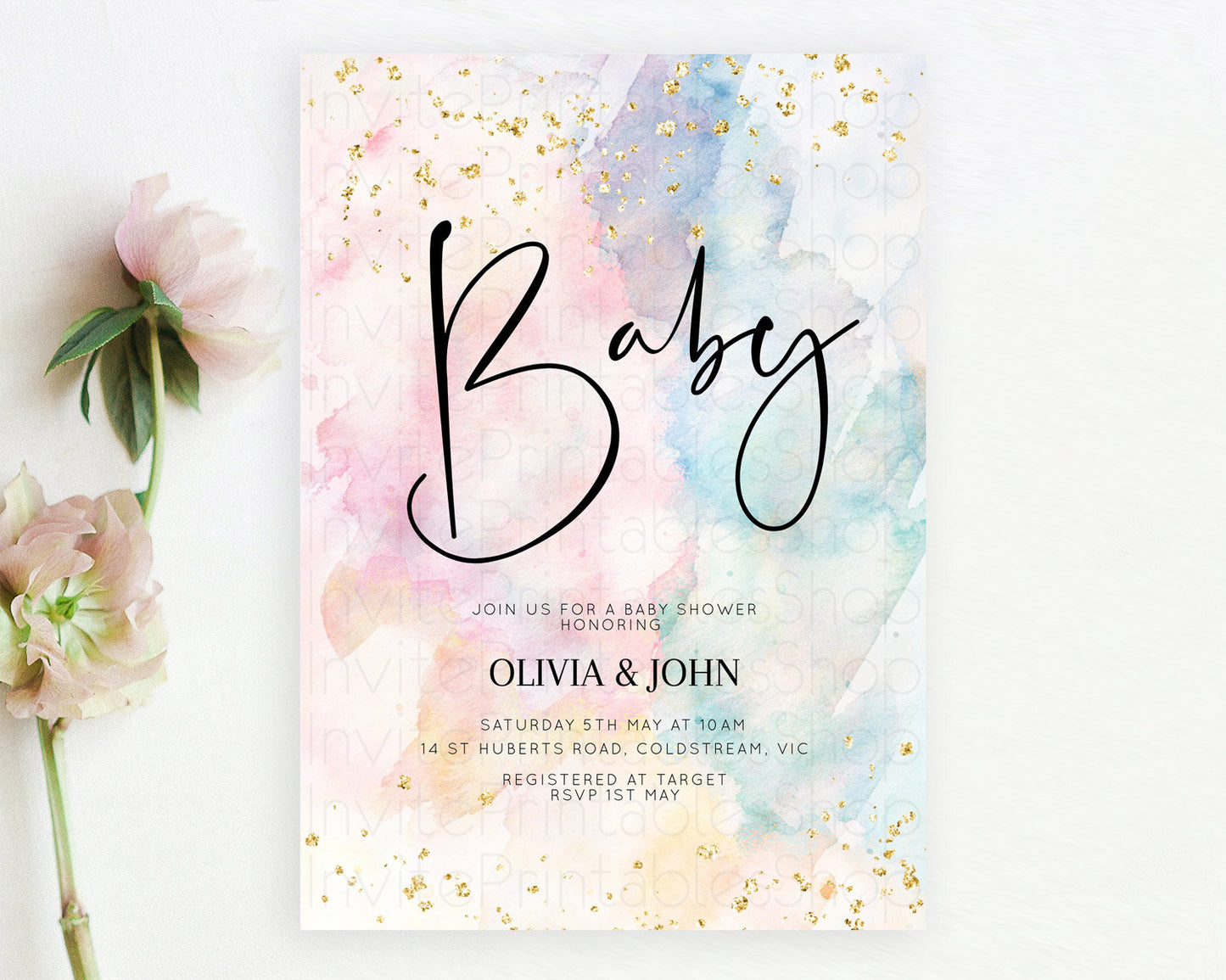 Editable Pastel Rainbow Baby Shower Invitation, Colorful Watercolor, Gold Gl