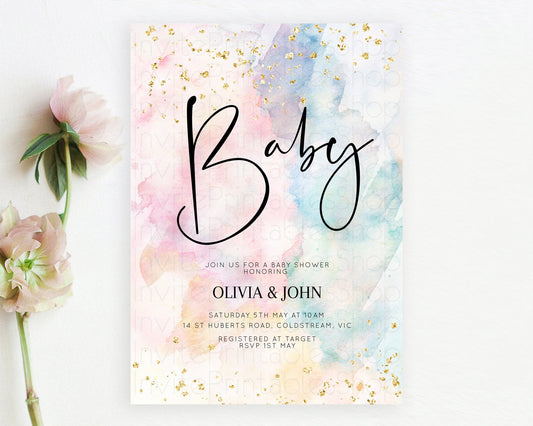 Editable Pastel Rainbow Baby Shower Invitation, Colorful Watercolor, Gold Gl