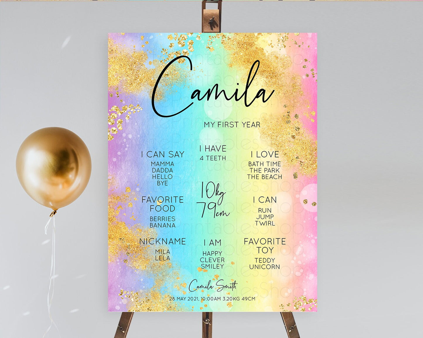 Pastel First Birthday Milestone Board Pastel Rainbow Milestone Poster Colorful Confetti Watercolor Glitter 1st Birthday Welcome Sign D10559