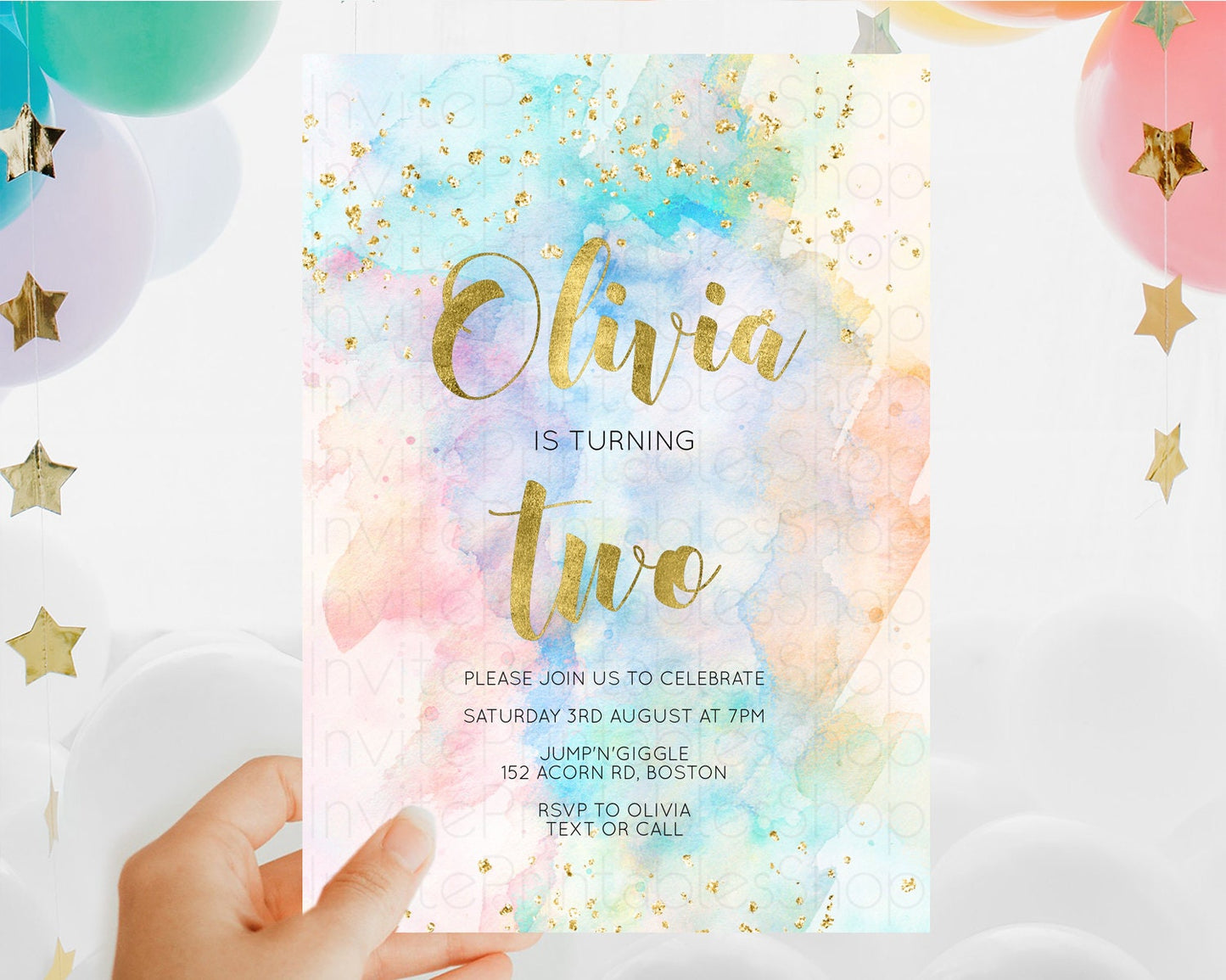 Rainbow Birthday Invitation Colorful Pastel Watercolor Invitation Gold Glitter Sprinkles Ombre Pastel 1st 2nd 3rd Birthday D10272