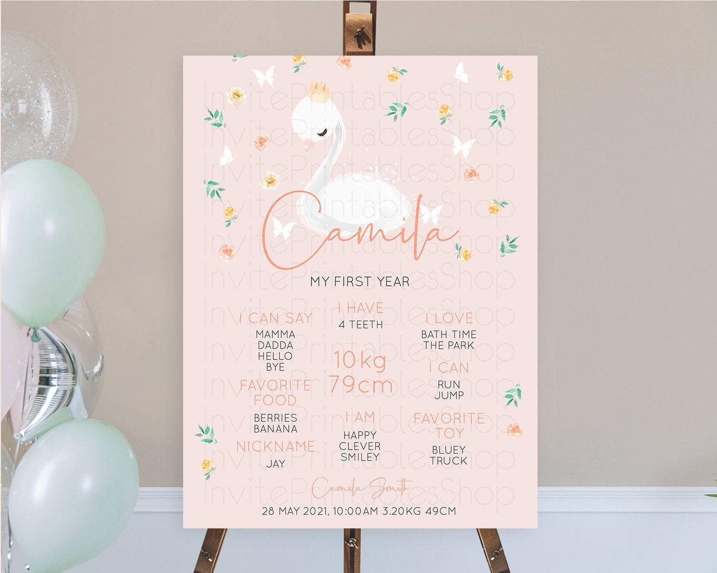 Swan First Birthday Milestone Poster Swan Princess Ballet Milestone Board Enchanted Forest Swan Lake Secret Garden Pastel Floral D10388