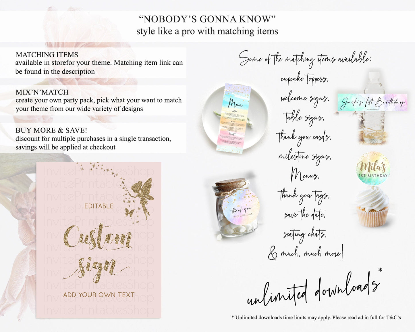 Fairy Sign Enchanted Garden Table Sign Decor Pastel Floral Butterfly Party Secret Garden Birthday Baptism Baby Shower Bridal Shower D10899