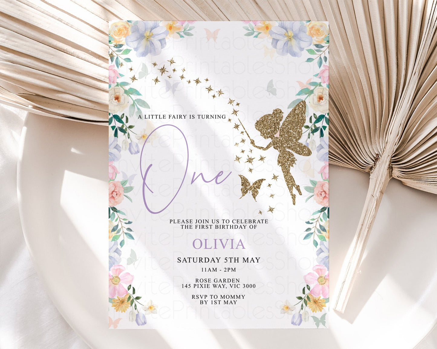 Fairy Birthday Invitation Glitter Fairy Invite Enchanted Garden Tinkerbell Invite Pastel Floral Invite Butterfly Garden Invite 1st 2nd F513