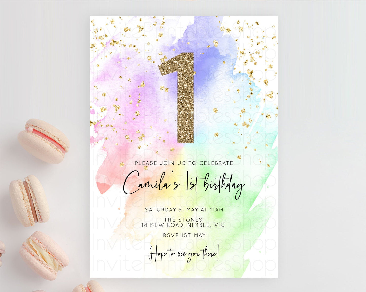 Rainbow Birthday Invitation Colorful Pastel Watercolor Invitation Gold Glitter Sprinkles Ombre Pastel 1st 2nd 3rd Birthday D10316