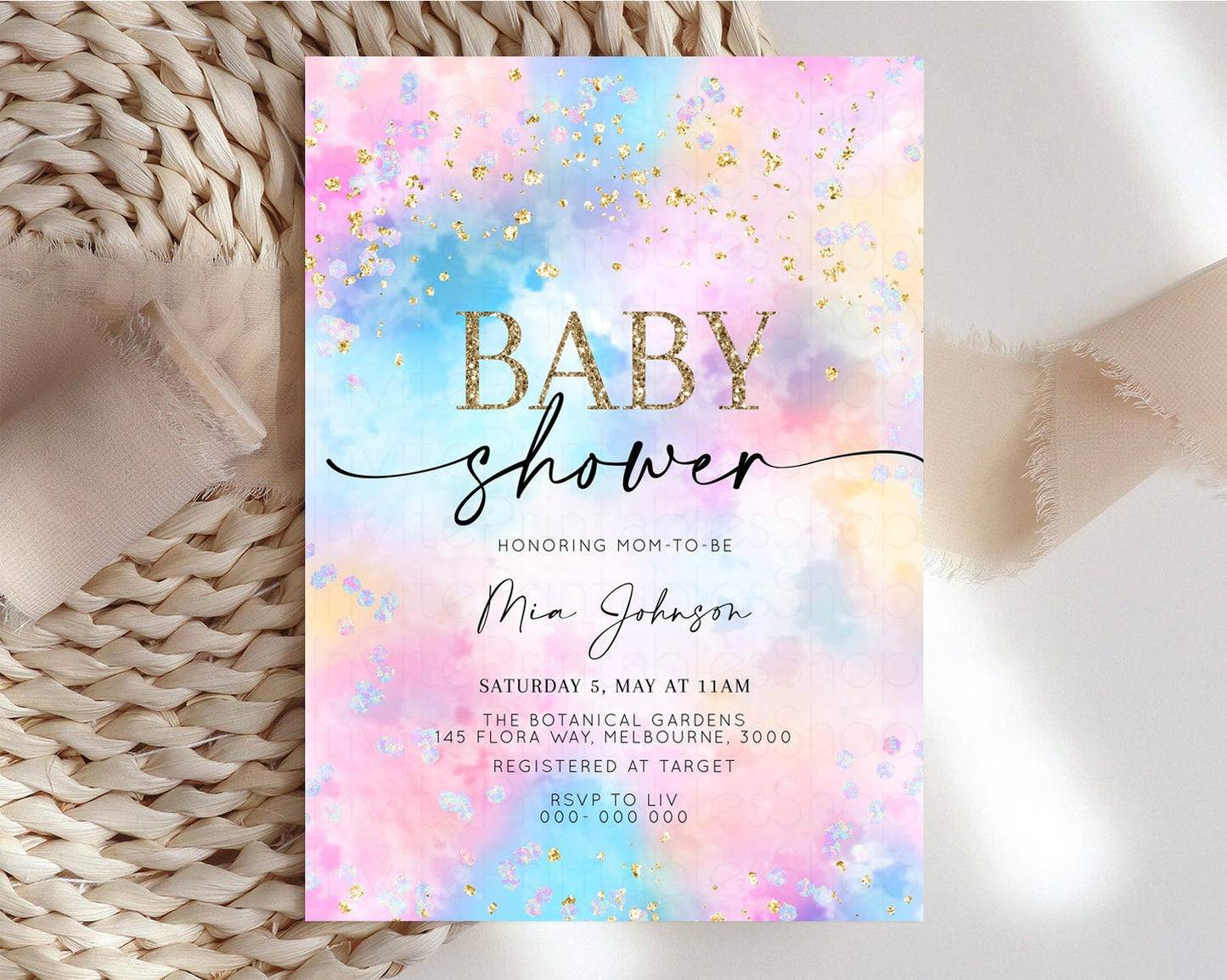 Rainbow Baby Shower Invitation Watercolor Pastel Invite Colorful Splash Baby Invite Glitter Sprinkles Ombre Clouds Invite Whimsical 589v4