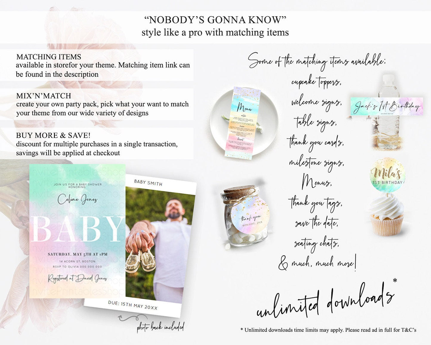 Pastel Rainbow Baby Shower Invitation: Colorful Watercolor with Gold Glitter and Ombre, Clouds - Blue Green Pink Theme Gender Reveal D10375