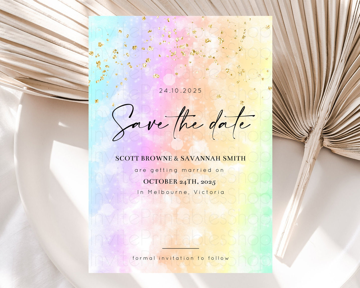 Pastel Save The Date Template Pastel Ombre Rainbow Watercolor Colorful Party For Birthday Baptism Baby Shower Wedding Bridal Shower D10647