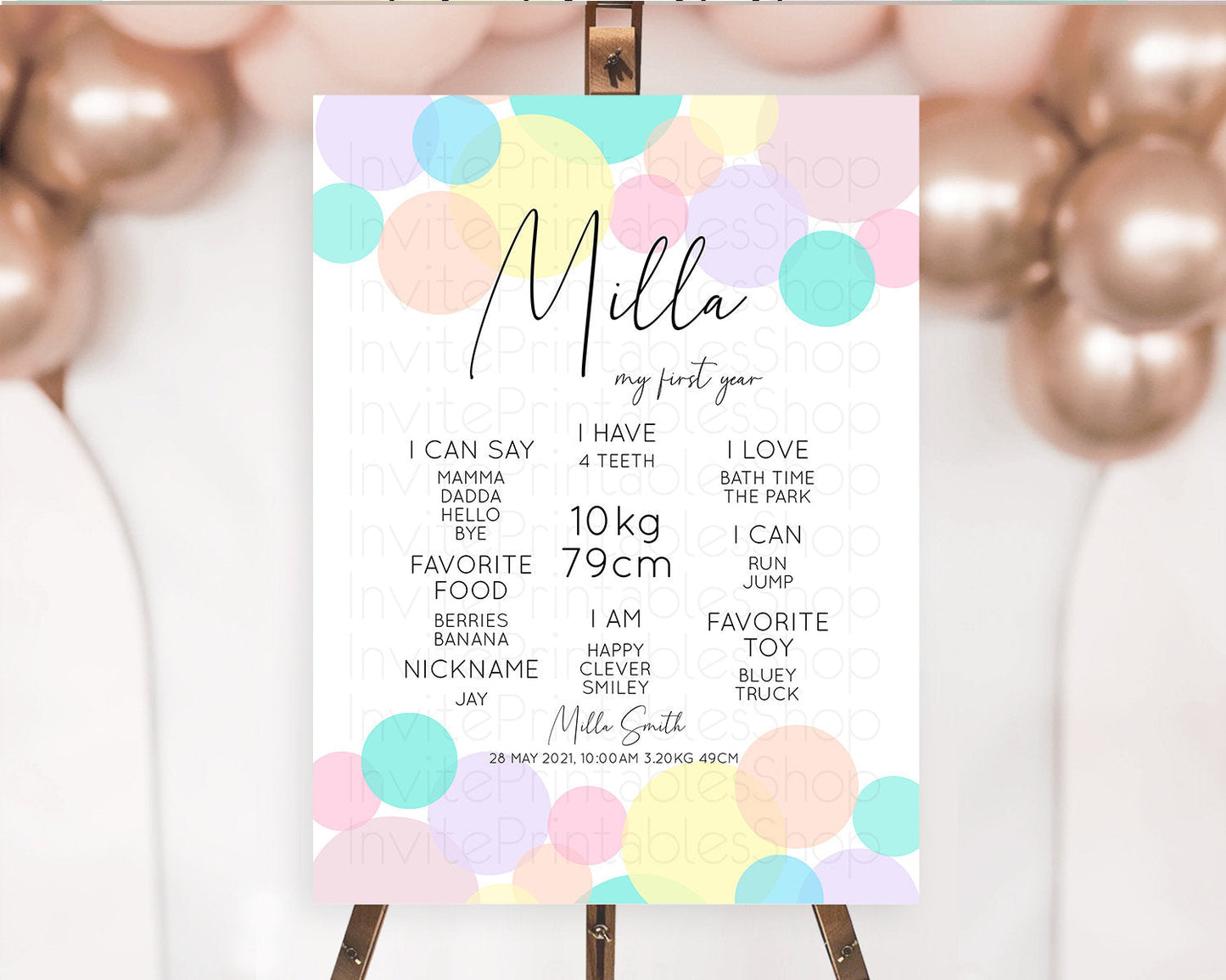 Pastel First Birthday Milestone Poster Pastel Rainbow Confetti First Birthday Milestone Board Colorful Bubbles Birthday Welcome Sign D10784