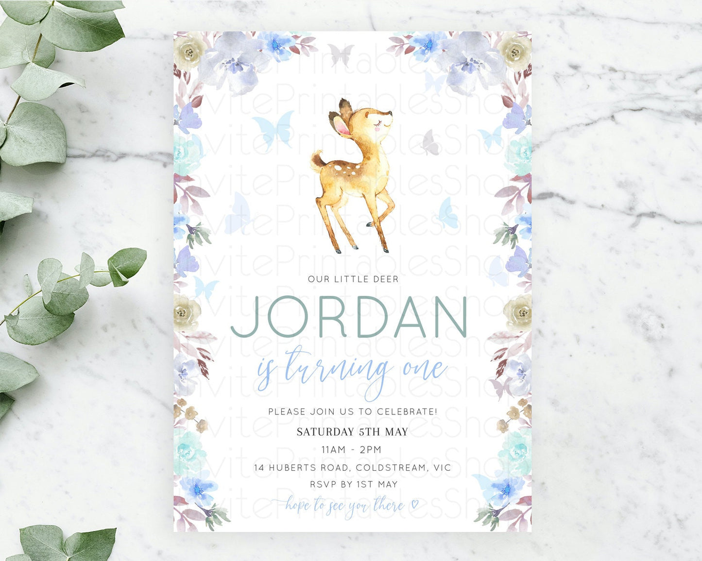 Fawn Birthday Invitation Deer Birthday Invitation Enchanted Forest Party Butterfly Pastel Flowers Whimsical 2nd 1st First Birthday D10960