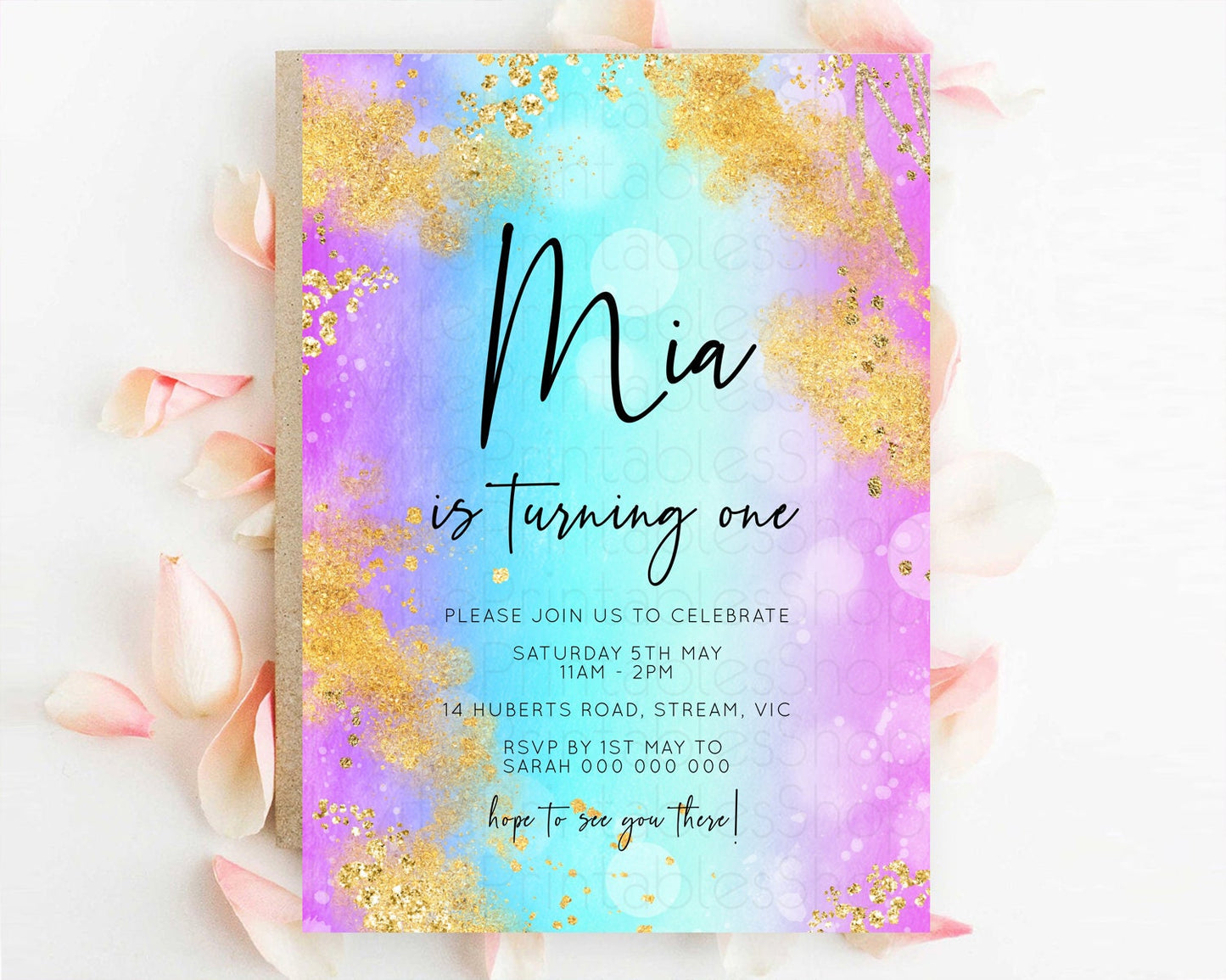 Rainbow Birthday Invitation Colorful Pastel Watercolor Invitation Gold Glitter Sprinkles Ombre Pastel 1st 2nd 3rd Birthday D10564