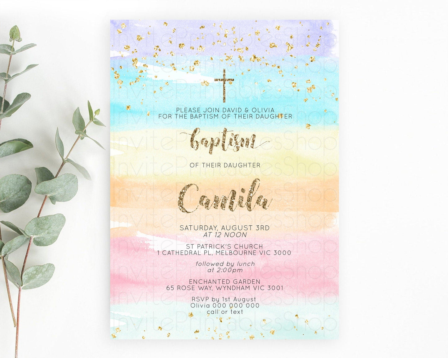 Pastel Baptism Invitation Pastel Colors Watercolor Baptism 1st Birthday Party Gold Ombre Pastel Rainbow Christening Holy Communion D10508