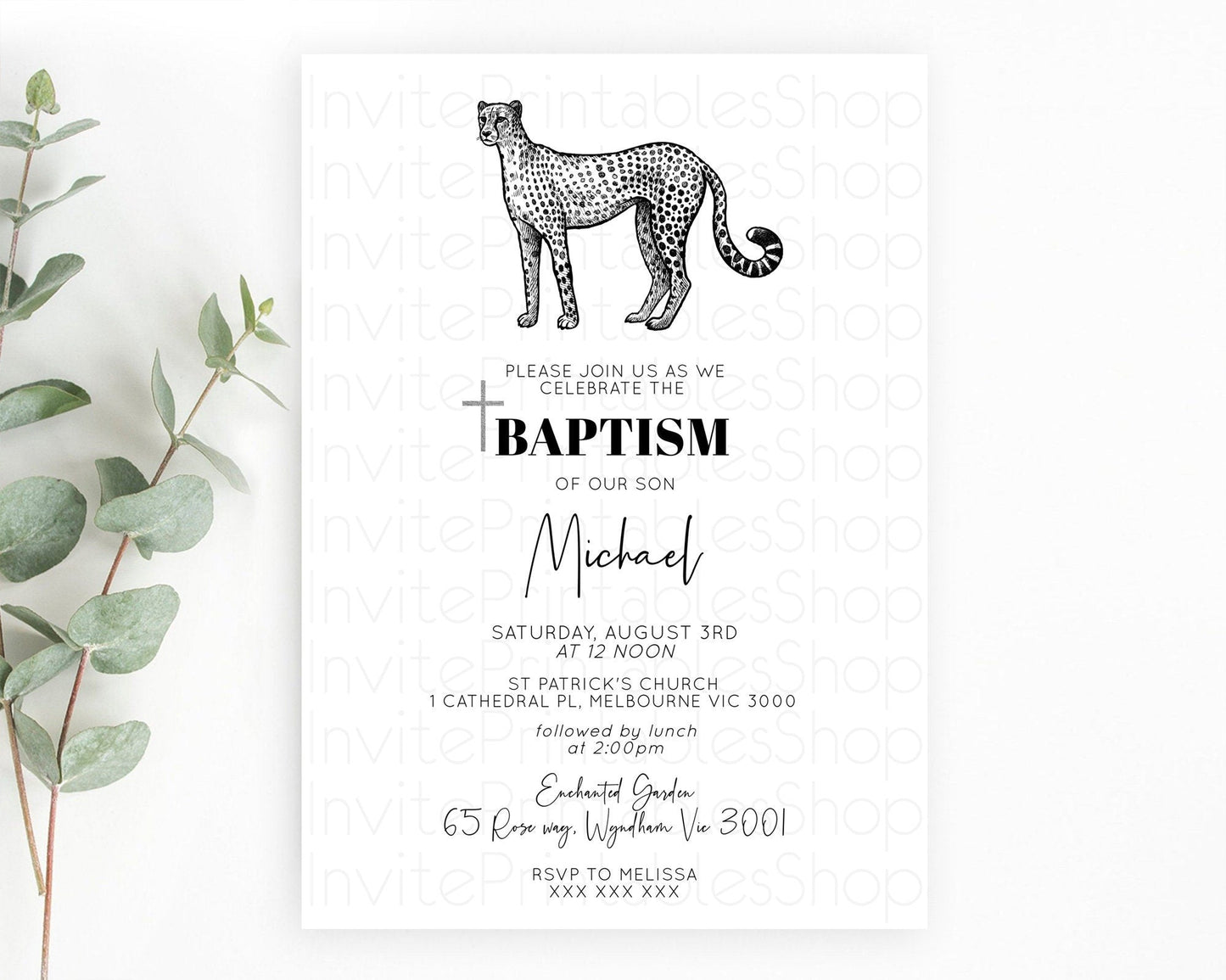 Cheetah Baptism Invitation Cheetah Baptism 1st Birthday Invitation Cheetah Safari Adventure Christening Party Palm Leaf Zoo Cheetah D10290