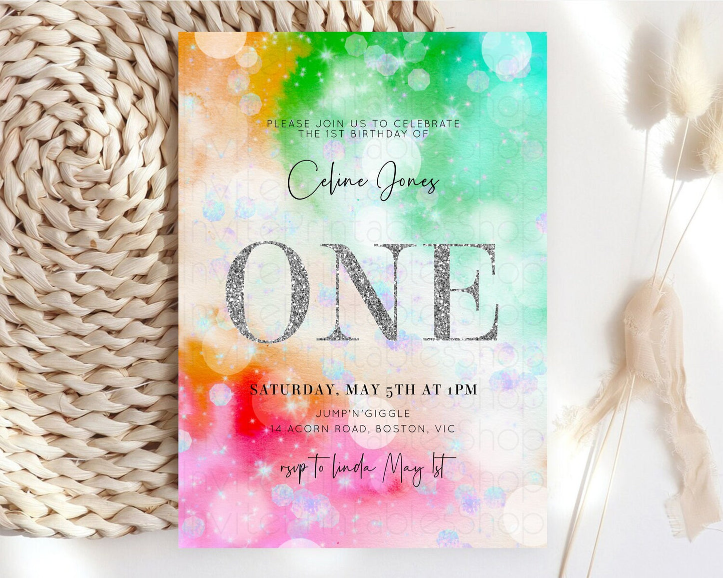 Rainbow Birthday Invitation Colorful Pastel Watercolor Silver Glitter Sprinkles Ombre Pastel Invitation 1st 2nd 3rd First Birthday D10691