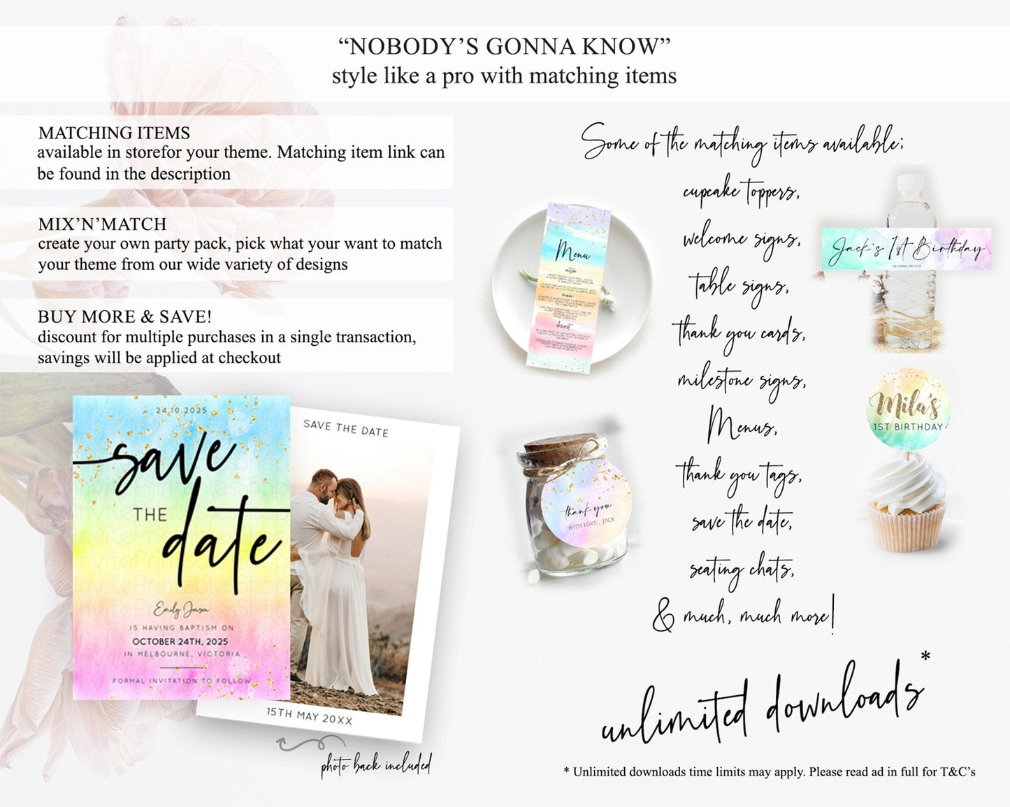 Pastel Save The Date Template Pastel Ombre Rainbow Watercolor Colorful Party For Birthday Baptism Baby Shower Wedding Bridal Shower D10480