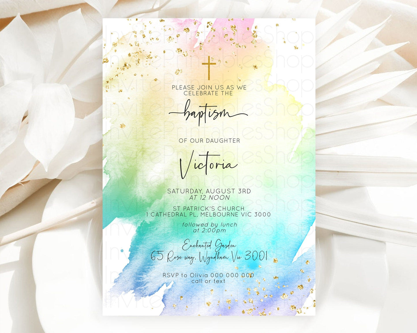 Pastel Baptism Invitation Pastel Colors Watercolor Baptism 1st Birthday Party Gold Ombre Pastel Rainbow Christening Holy Communion D10256