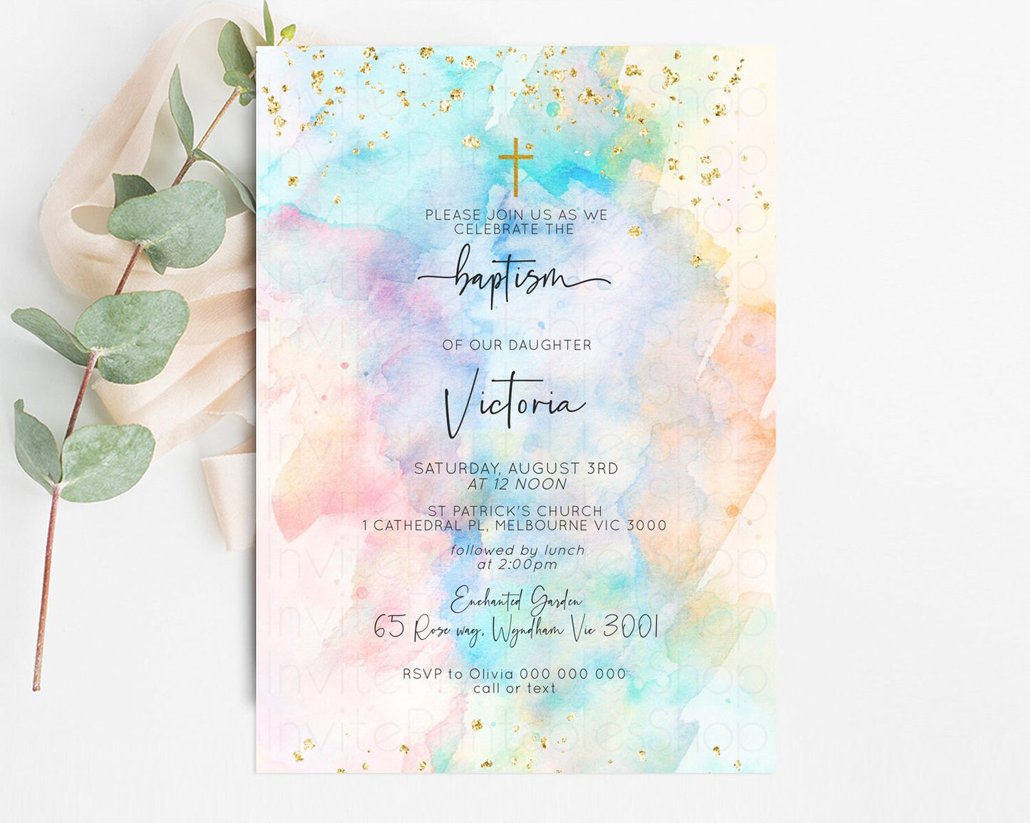 Rainbow Baptism invitation Pastel Rainbow Christening Invite Ombre Watercolor Invite Gold Glitter Sprinkle Splash Cross Religious 276v3