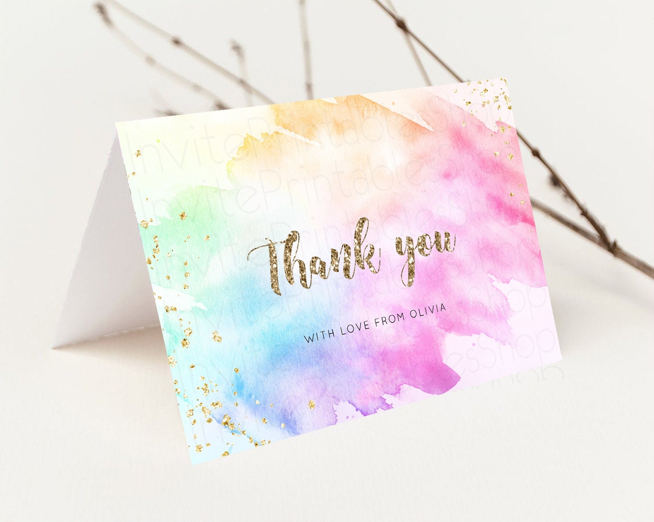 Pastel Rainbow Thank you Colorful Watercolor Folded Gift Cards Custom Note Message Glitter Birthday Engaged Baby Shower Wedding Guests g504
