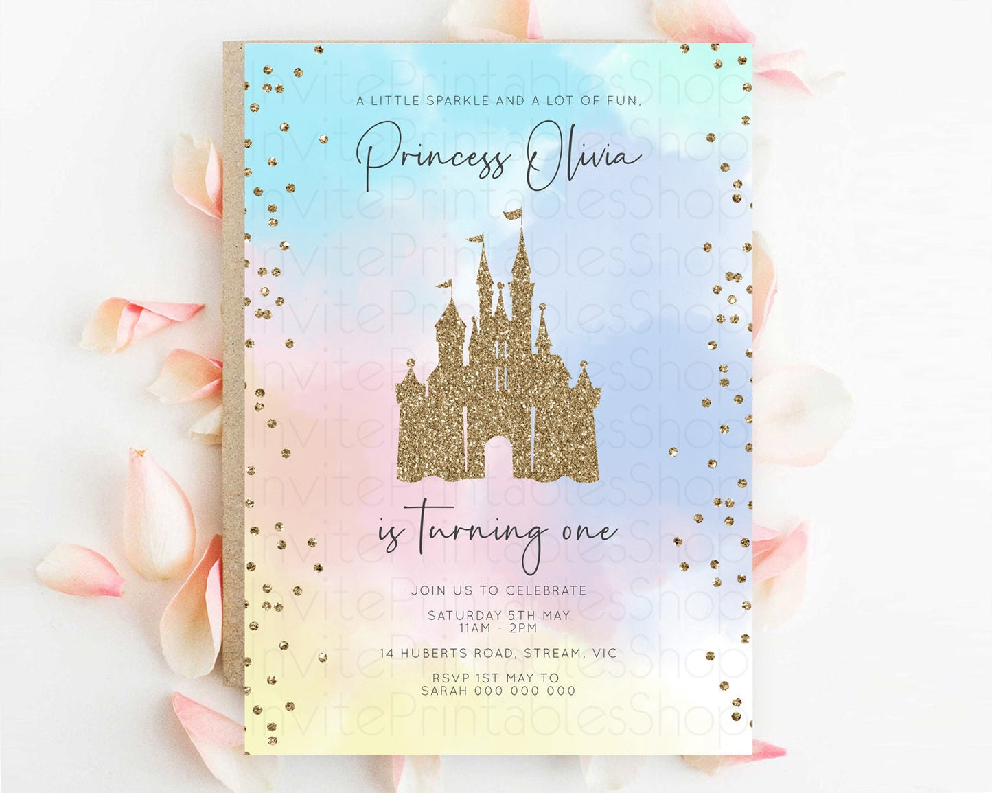 Princess Birthday Invitation Princess Invitation Pastel Invitation Royal Birthday Rainbow Color Enchanted Castle 1st First Birthday D10895