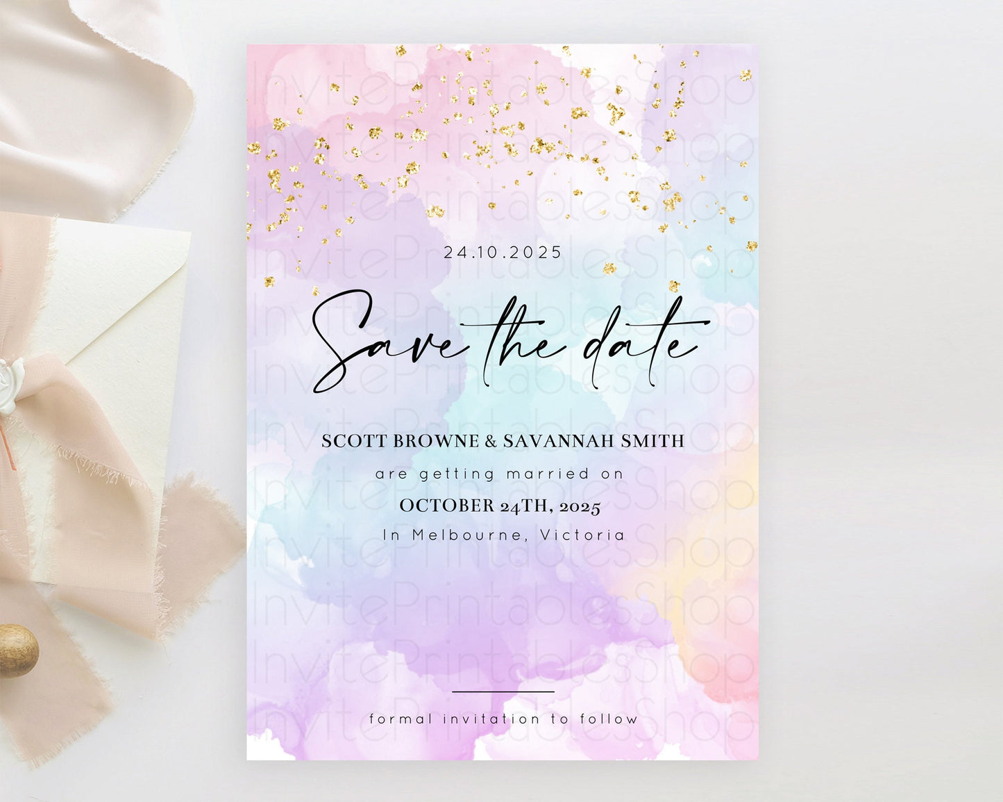 Pastel Save The Date Template Pastel Ombre Rainbow Watercolor Colorful Party For Birthday Baptism Baby Shower Wedding Bridal Shower D10623