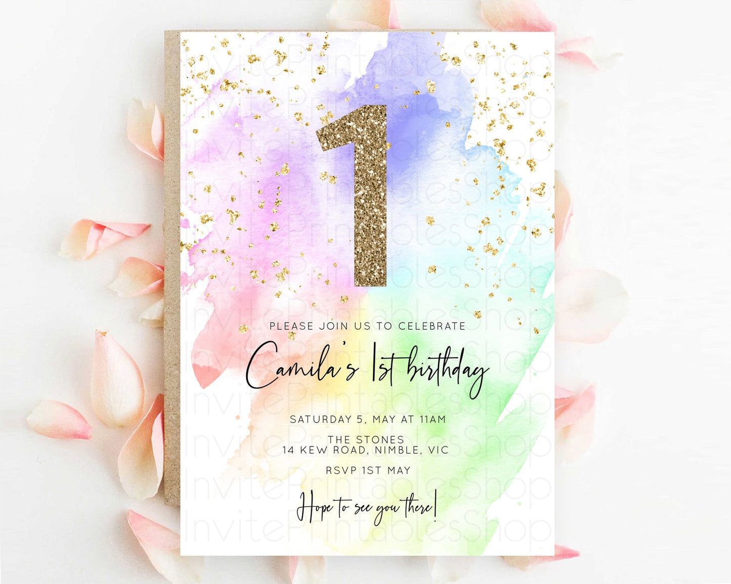 Rainbow Birthday Invitation Colorful Pastel Watercolor Invitation Gold Glitter Sprinkles Ombre Pastel 1st 2nd 3rd Birthday D10316