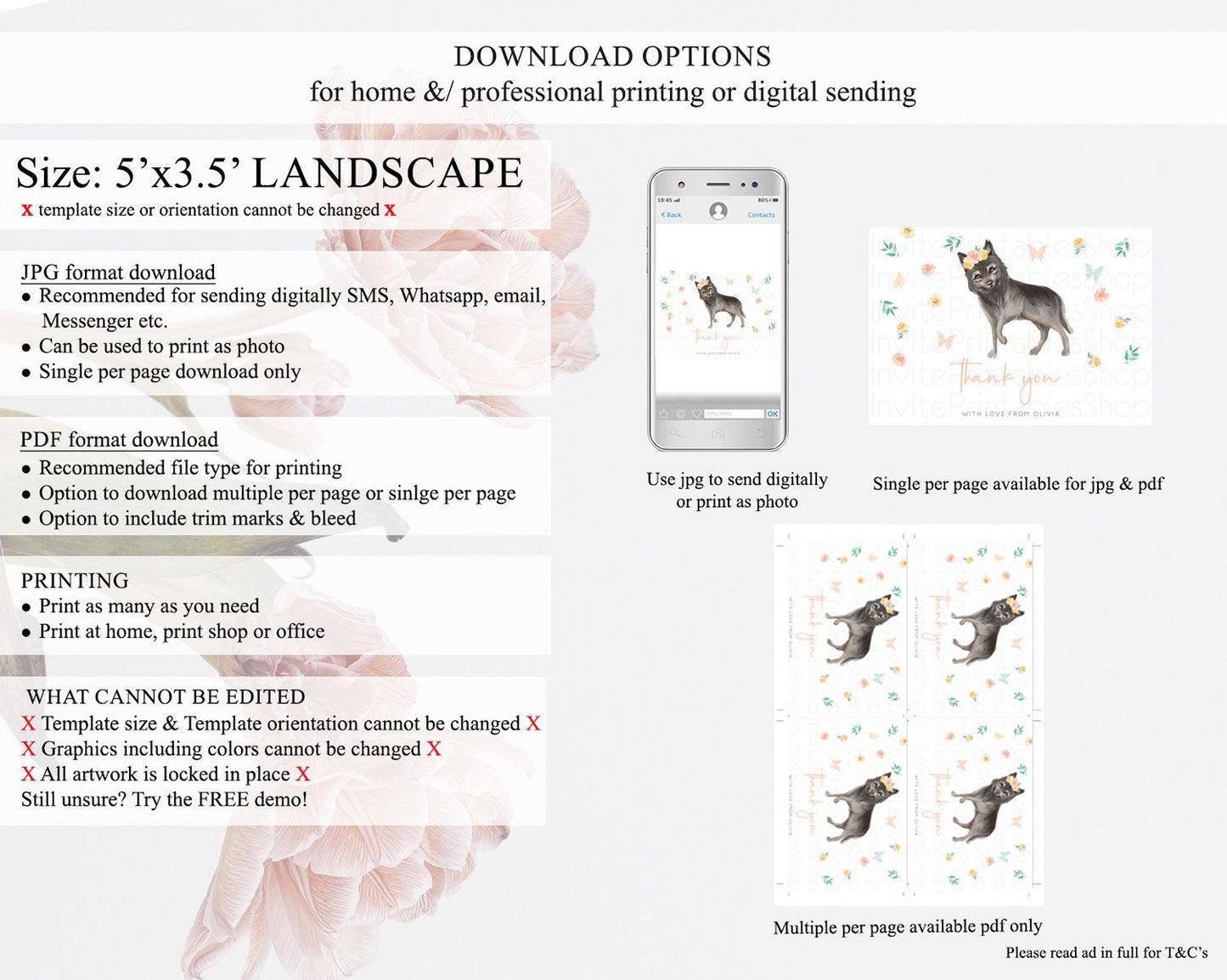 Wolf Thank You Wolf Thank You Card Pastel Floral Wolf Birthday Thank You Card Forest Wolf Party Decor Wolf Birthday Thank You Cards D10362
