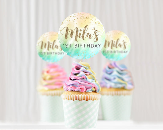 Editable Rainbow Cupcake Toppers Pastel Cupcake Toppers Colorful Pastel Wate
