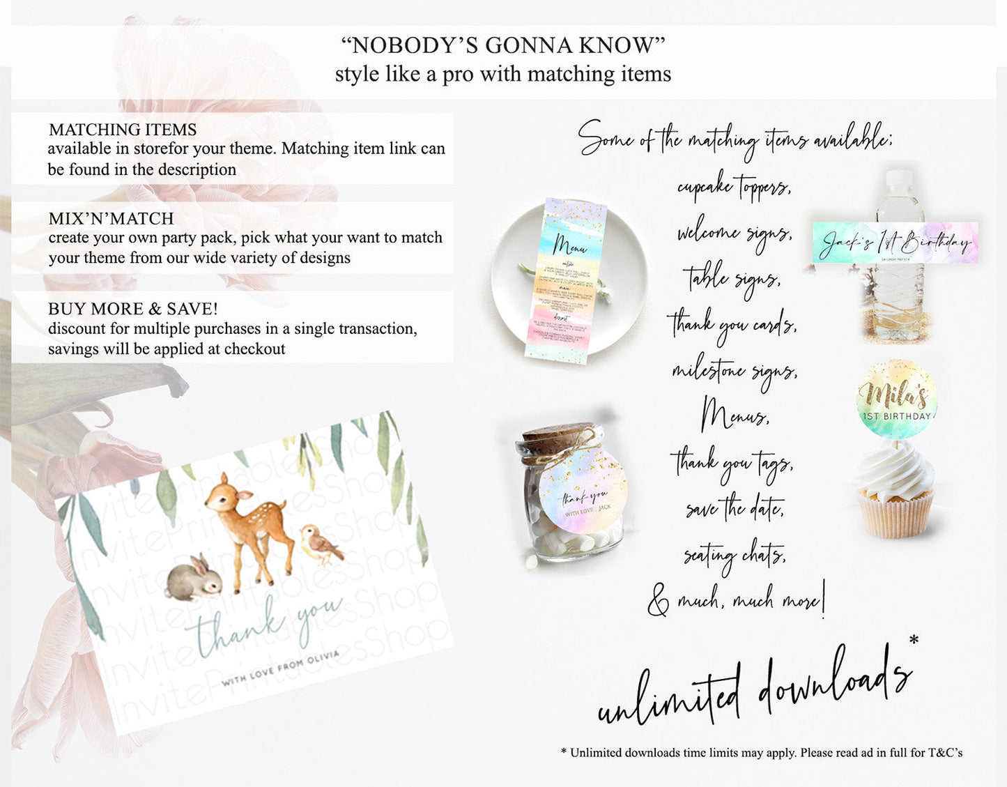 Fawn Thank You Deer Thank You Card Pastel Floral Deer Birthday Thank You Card Enchanted Forest Butterfly Deer Teacher Thank You Card D10919