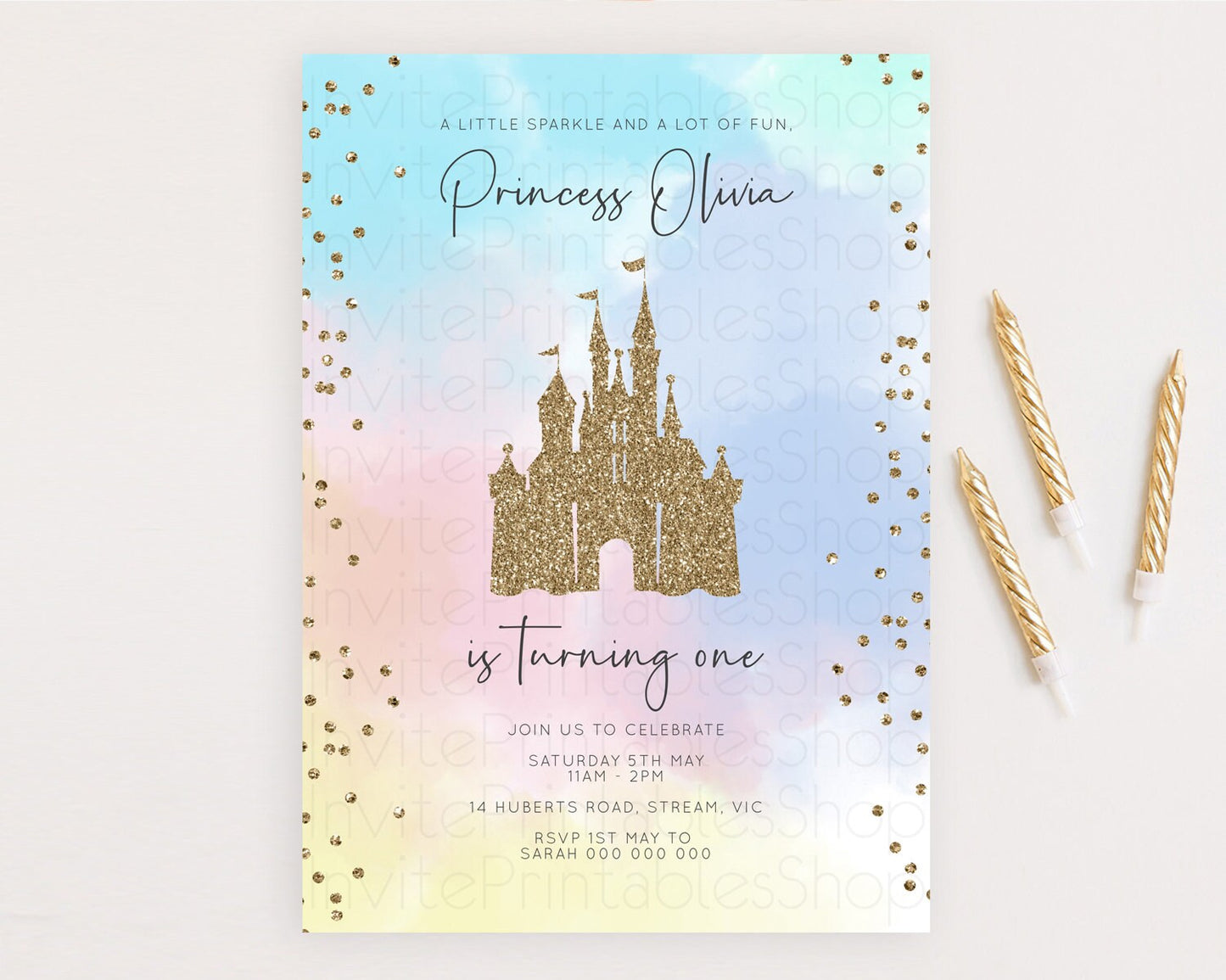 Princess Birthday Invitation Princess Invitation Pastel Invitation Royal Birthday Rainbow Color Enchanted Castle 1st First Birthday D10895