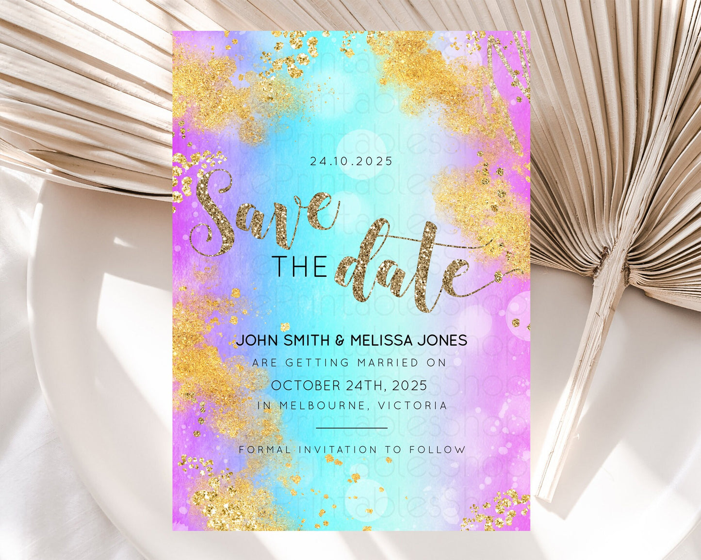 Pastel Save The Date Template Pastel Ombre Rainbow Watercolor Colorful Party For Birthday Baptism Baby Shower Wedding Bridal Shower D10564