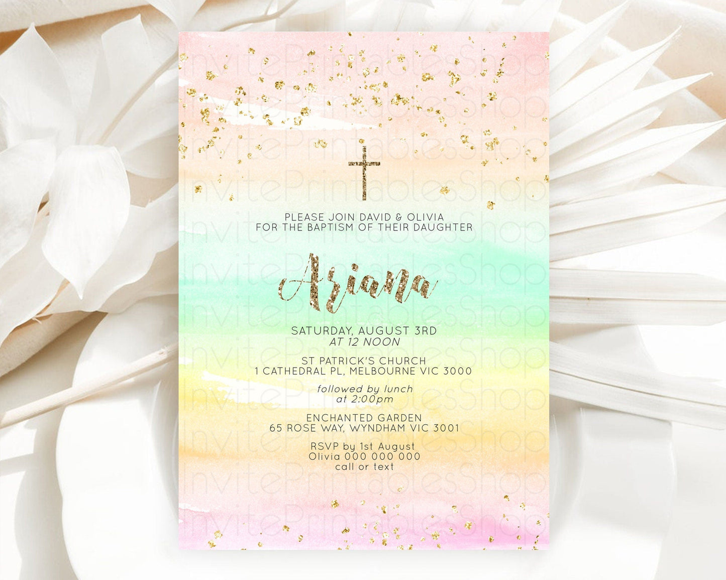 Pastel Baptism Invitation Pastel Colors Watercolor Baptism 1st Birthday Party Gold Ombre Pastel Rainbow Christening Holy Communion D10592