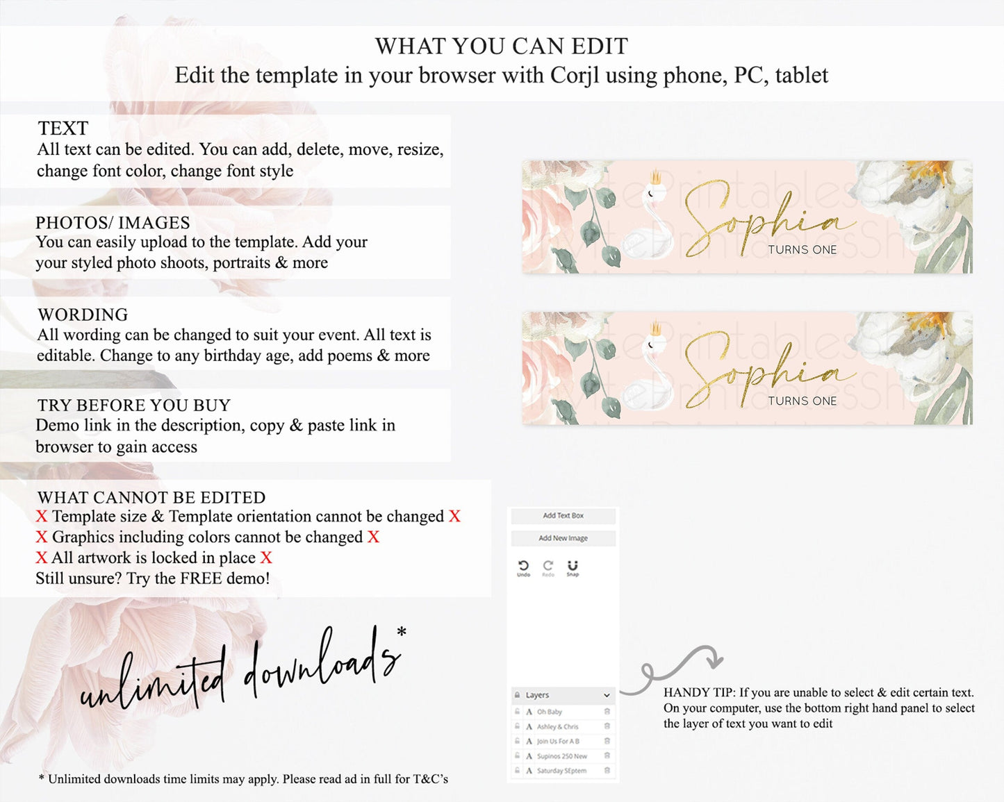 Swan Water Label Template Swan Princess Ballet Party Decor Enchanted Secret Garden Pastel Floral Birthday Baptism Baby Shower D10115