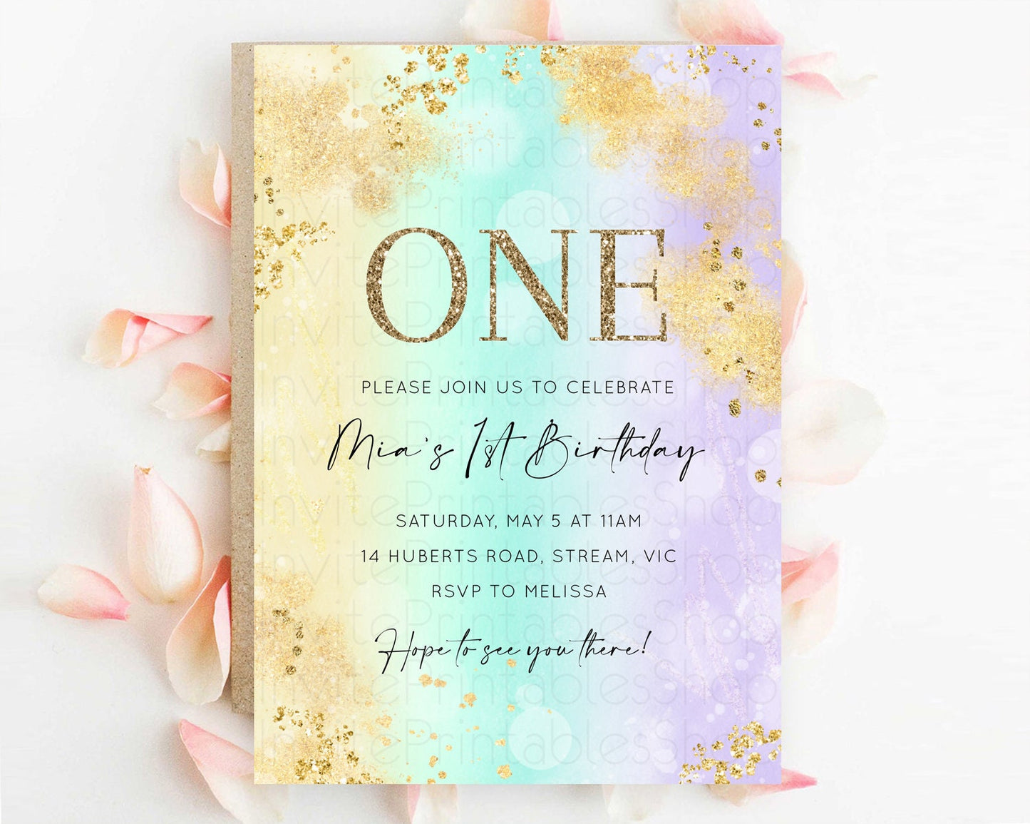 Rainbow Birthday Invitation Colorful Pastel Watercolor Invitation Gold Glitter Sprinkles Ombre Pastel 1st 2nd 3rd Birthday D10672