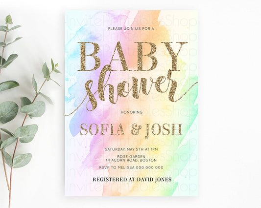 Pastel Baby Shower Invitation Rainbow Baby Shower Invitation Colorful Pastel Watercolor Invitation Gold Glitter Sprinkles Ombre D10643