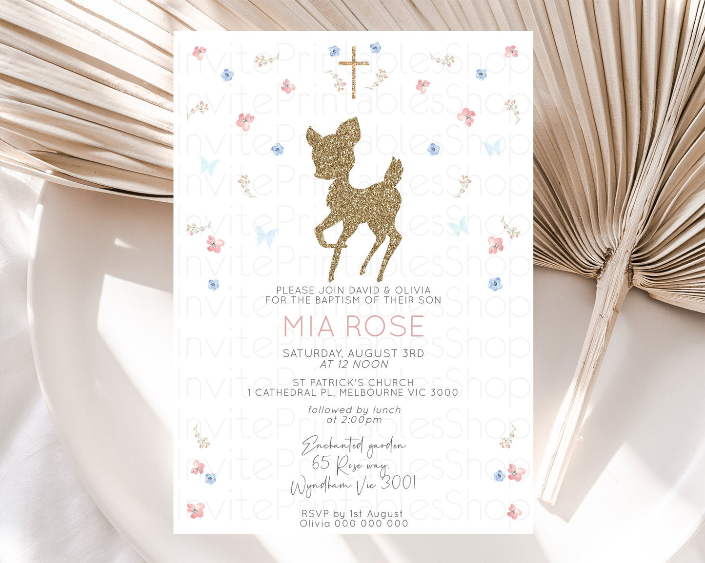 Fawn Baptism Invitation Deer Baptism 1st Birthday Invitation Enchanted Forest Christening Invitation Pastel Garden Butterfly Floral D10359