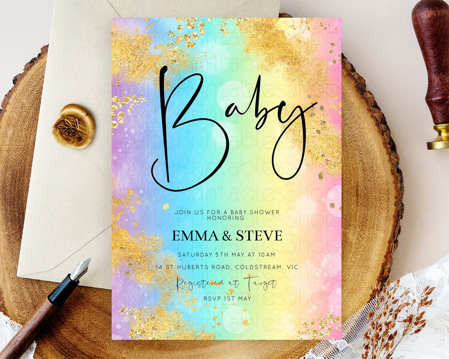 Pastel Baby Shower Invitation Rainbow Baby Shower Invitation Colorful Pastel Watercolor Invitation Gold Glitter Sprinkles Ombre D10559