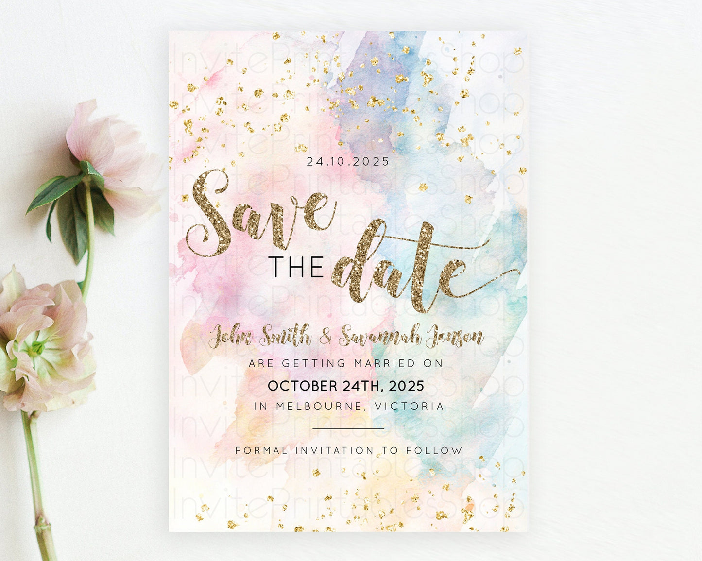 Pastel Save The Date Template Pastel Ombre Rainbow Watercolor Colorful Party For Birthday Baptism Baby Shower Wedding Bridal Shower D10264