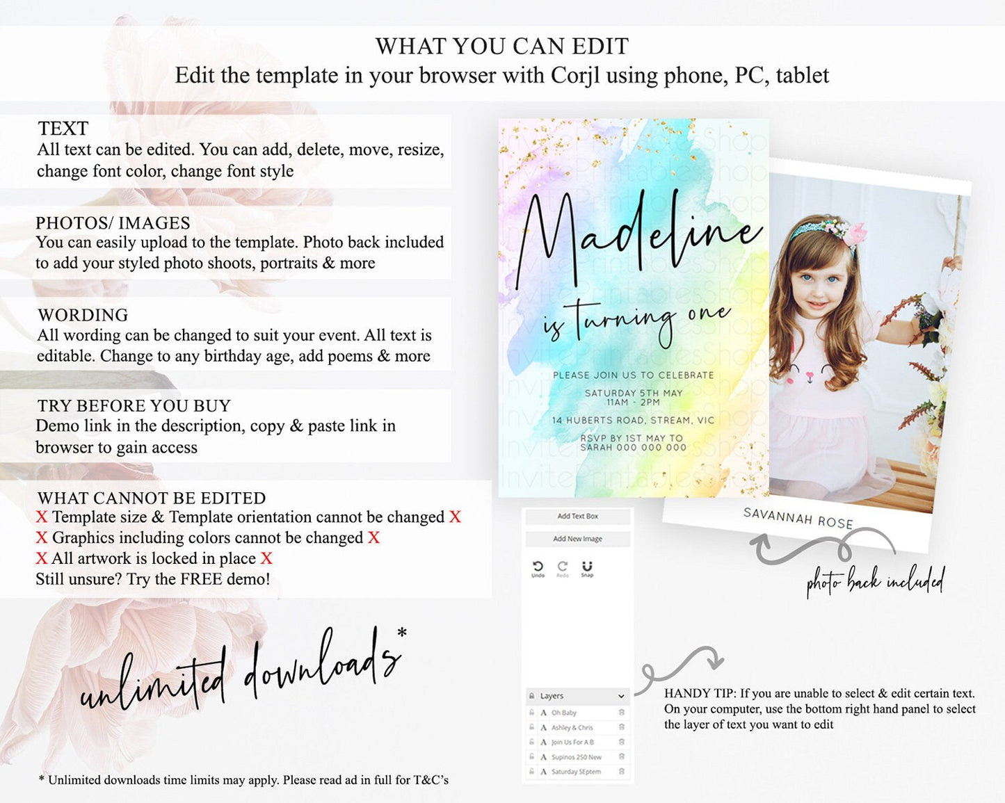 Rainbow Birthday Invitation Colorful Pastel Watercolor Invitation Gold Glitter Sprinkles Ombre Pastel 1st 2nd 3rd Birthday D10171