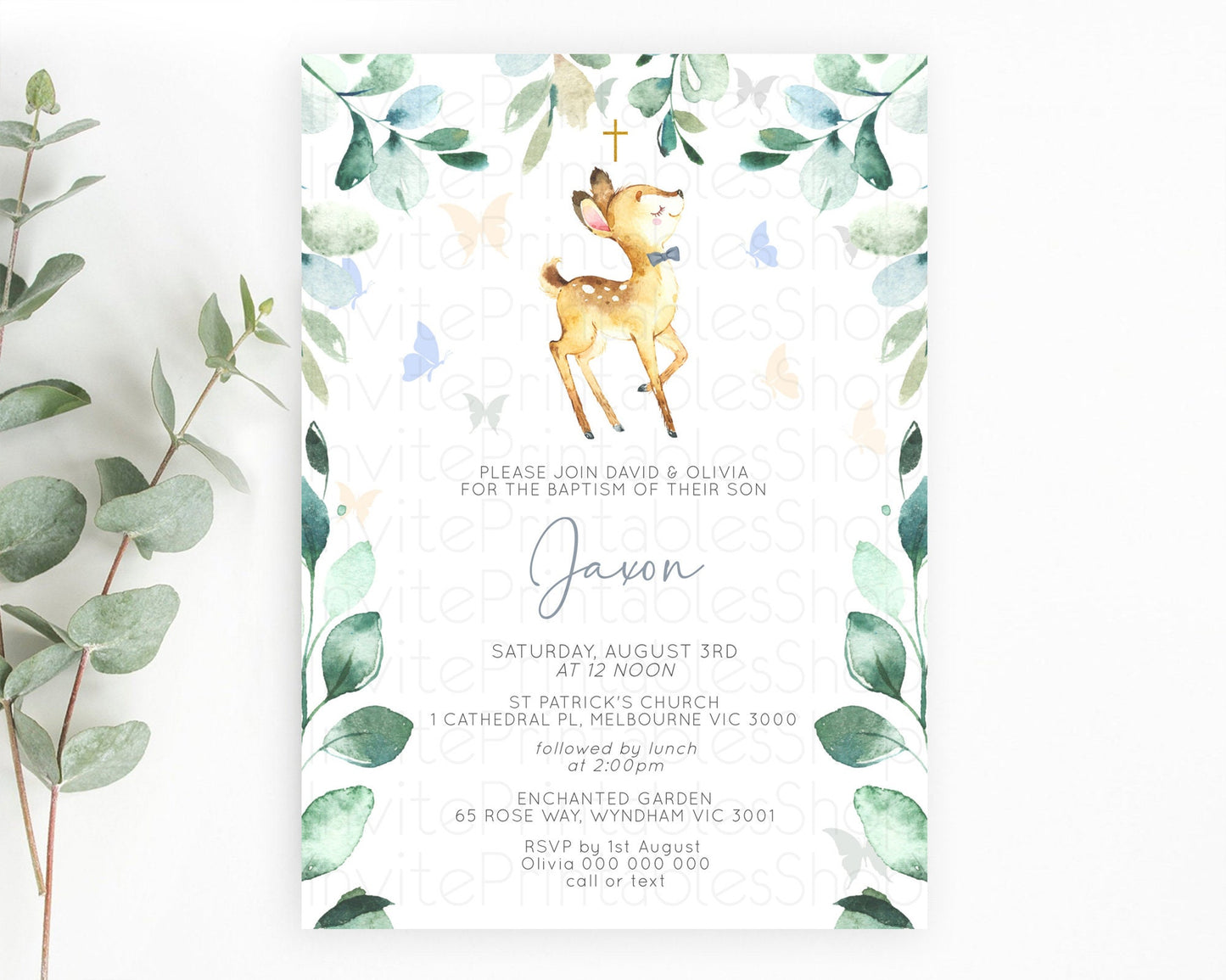 Fawn Baptism Invitation Deer Baptism 1st Birthday Invitation Enchanted Forest Christening Invitation Pastel Garden Butterfly Floral D10767