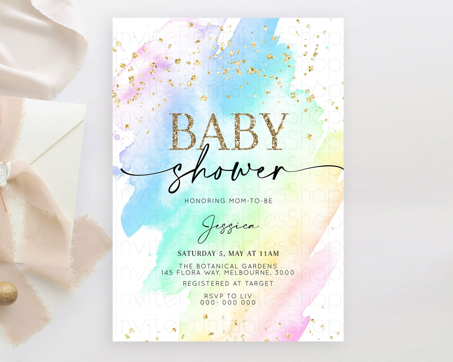 Pastel Baby Shower Invitation Rainbow Baby Shower Invitation Colorful Pastel Watercolor Invitation Gold Glitter Sprinkles Ombre D10640