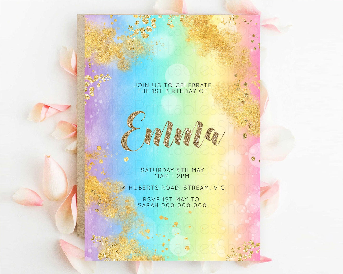 Rainbow Birthday Invitation Colorful Pastel Watercolor Invitation Gold Glitter Sprinkles Ombre Pastel 1st 2nd 3rd Birthday D10561