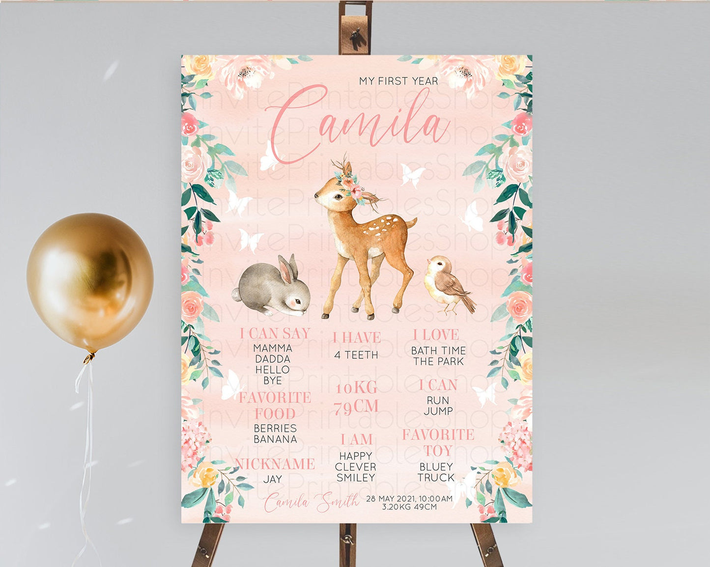 Fawn First Birthday Milestone Board Deer First Birthday Milestone Poster Enchanted Forest Butterfly Pastel Flowers 1st Birthday Sign D10921