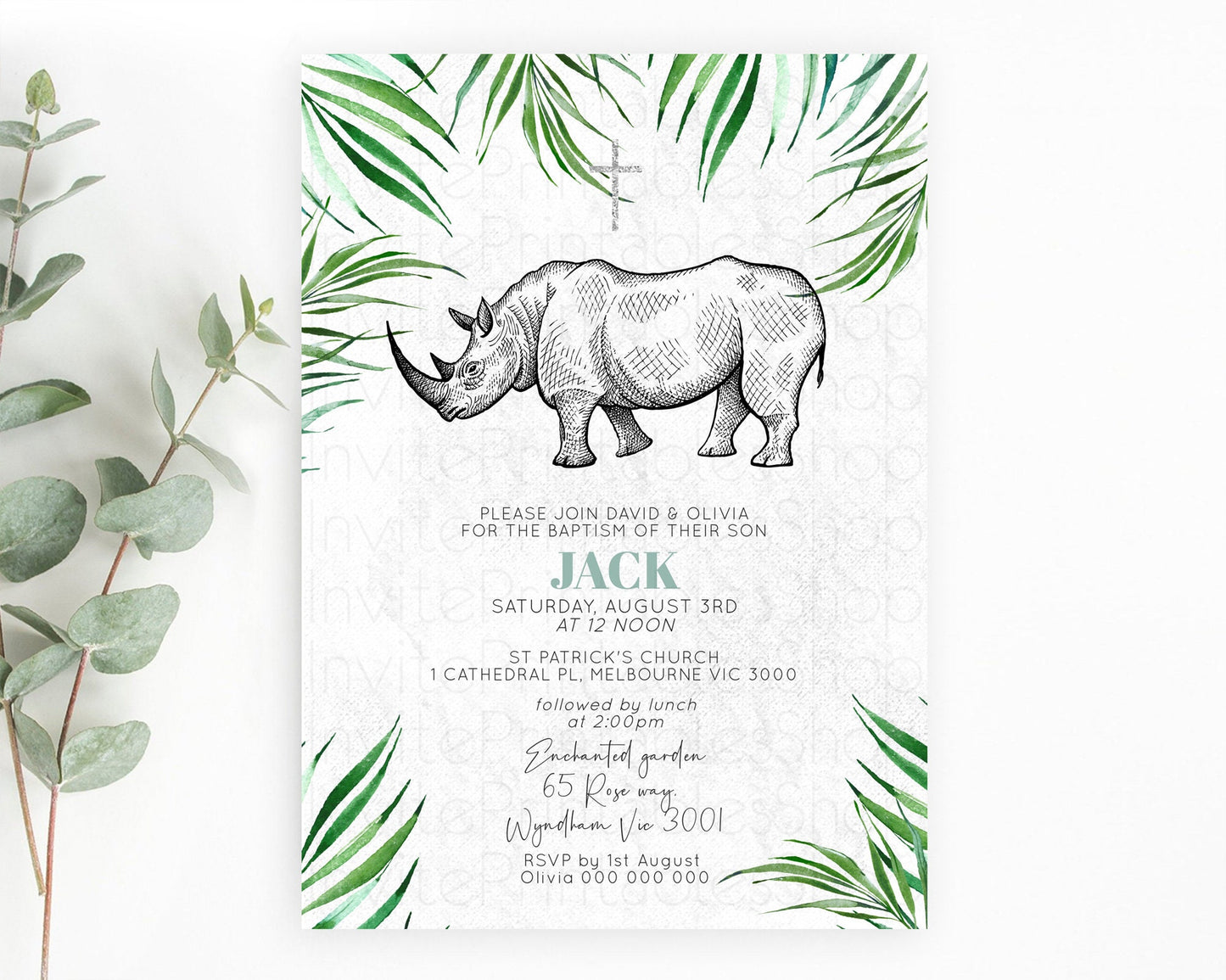 Rhino Baptism Invitation Rhino Baptism 1st Birthday Invitation Rhino Safari Adventure Christening Invitation Palm Leaf Invite Zoo D10848