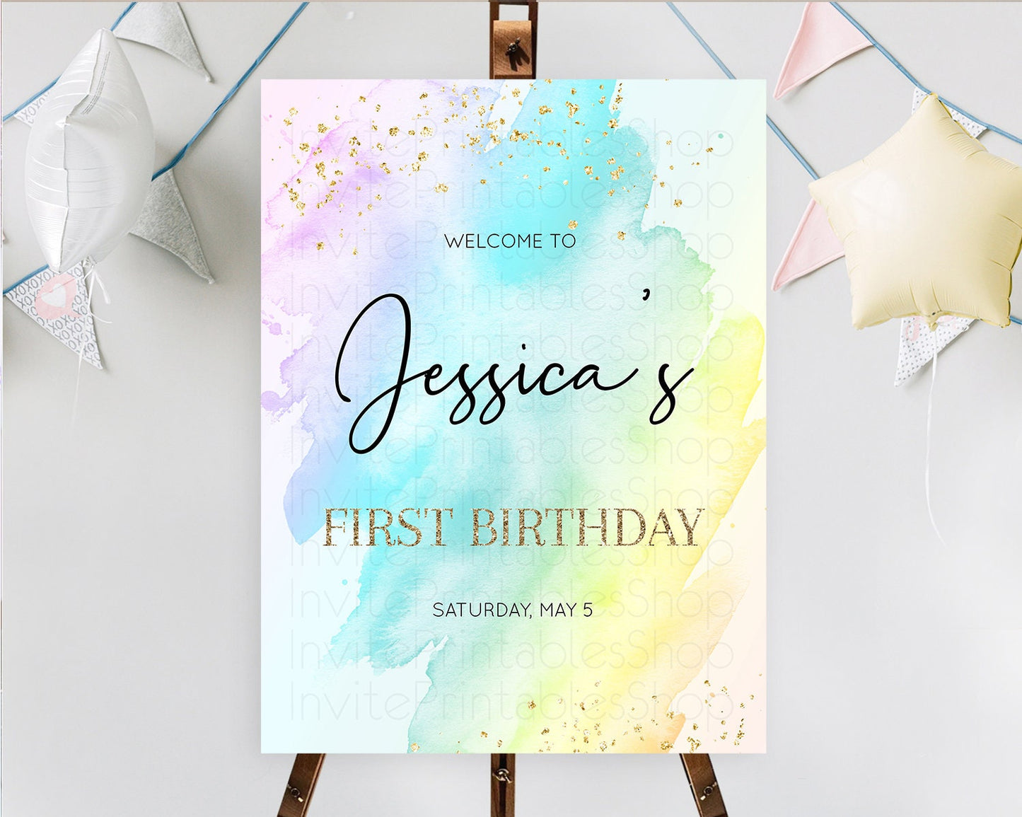 Pastel Welcome Sign Pastel Rainbow Welcome Sign Colorful Rainbow Confetti Watercolor Glitter Pastel First Birthday Welcome Sign D10171