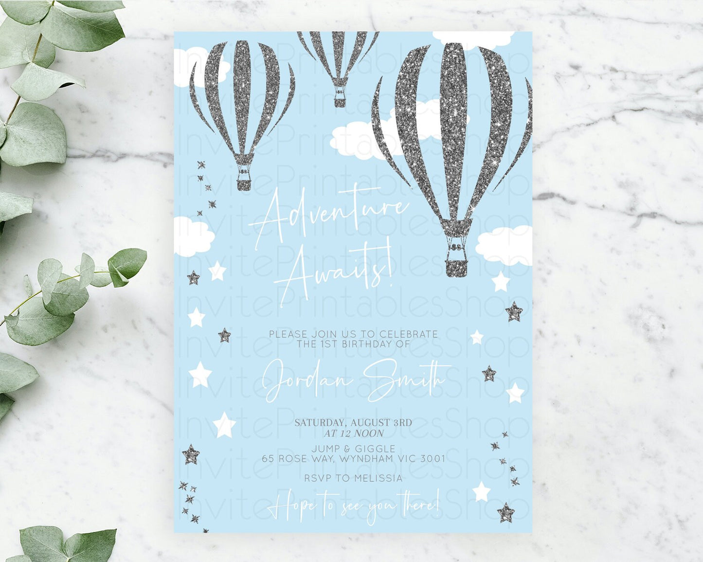 Hot Air Balloon Birthday Invitation Hot Air Balloon Invites Adventure Awaits Up Up & Away Glitter Blue Watercolor 1st Birthday Boy D10335